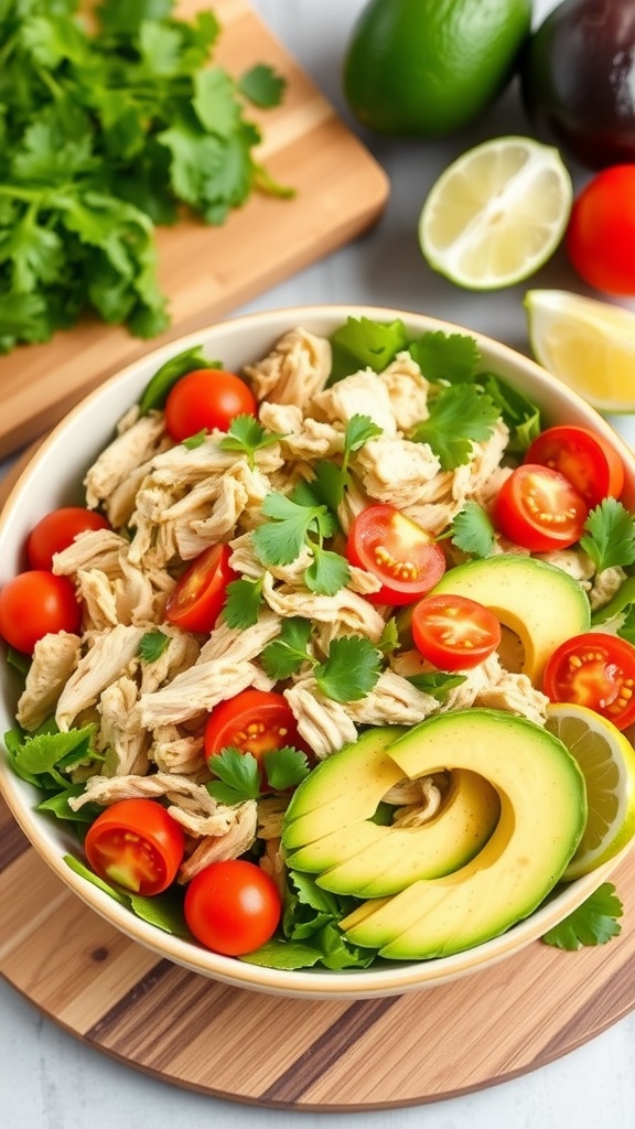 A bowl of avocado chicken salad with chicken, avocado, tomatoes, and cilantro on a bed of greens.